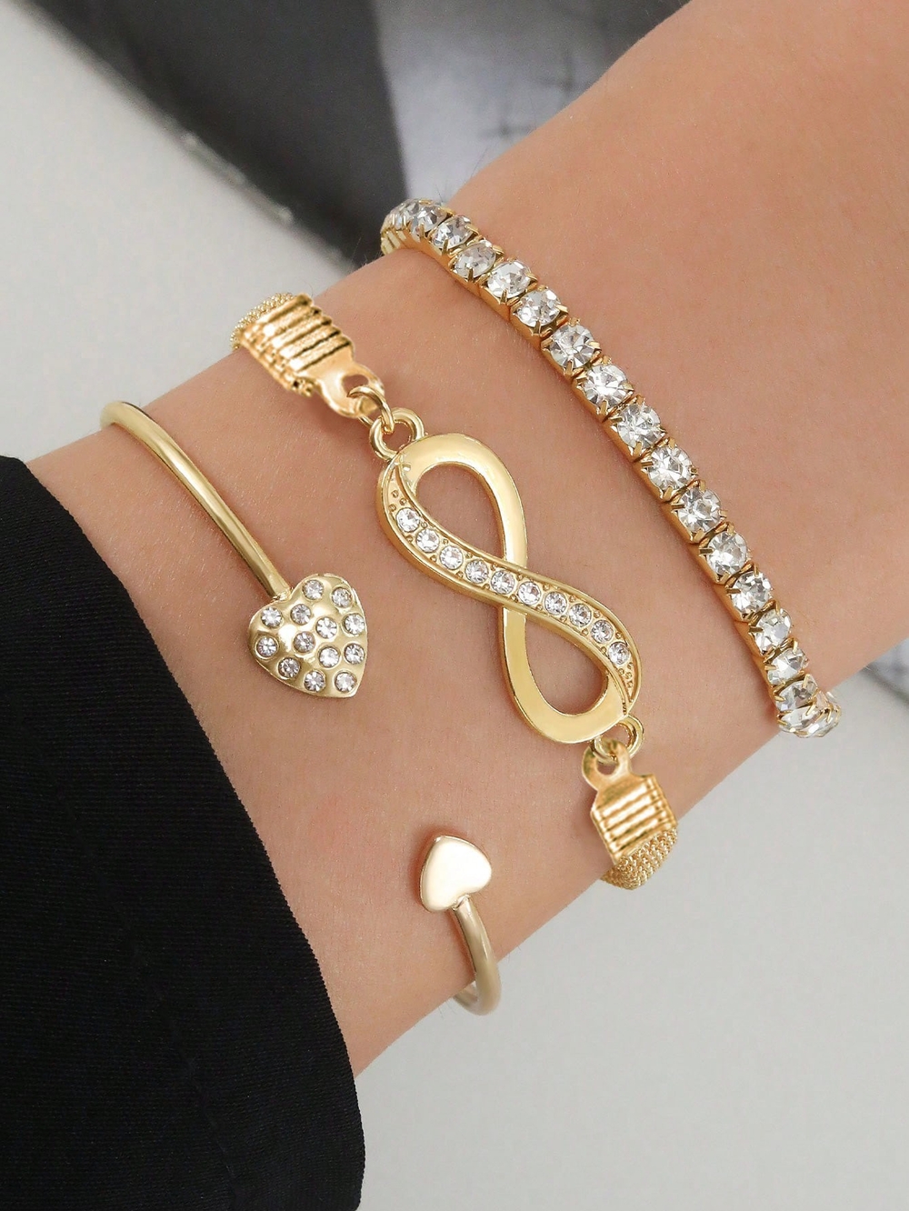 Gold Infinity & Crystal Heart Bracelet Set - Women's Gold Bracelet Stack.